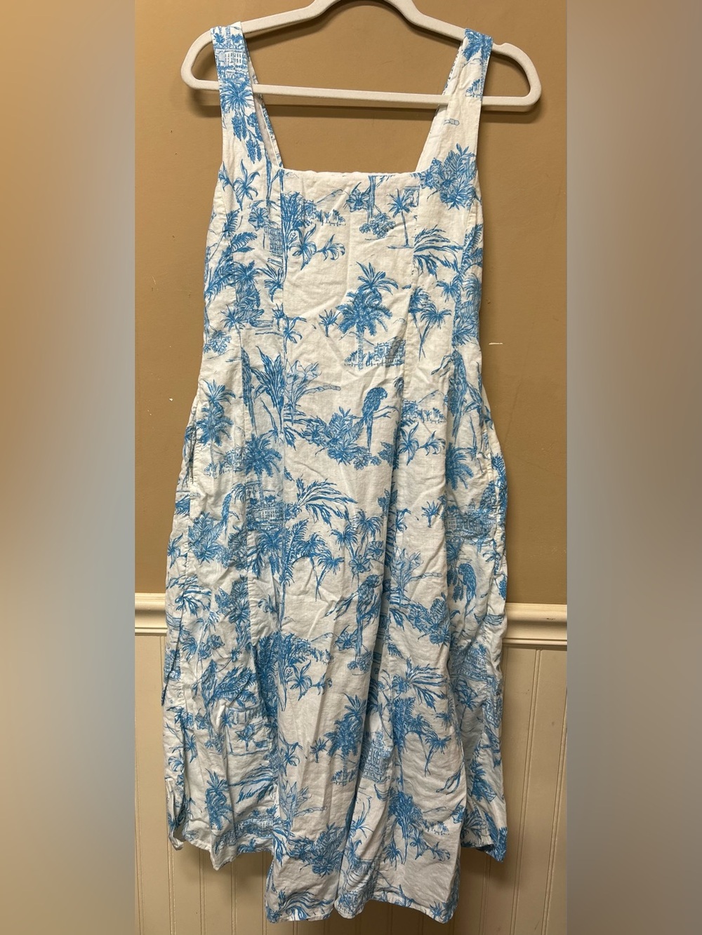 Joie Blue White Tropical Linen Blend Maxi Dress Size 6 Smocked Back